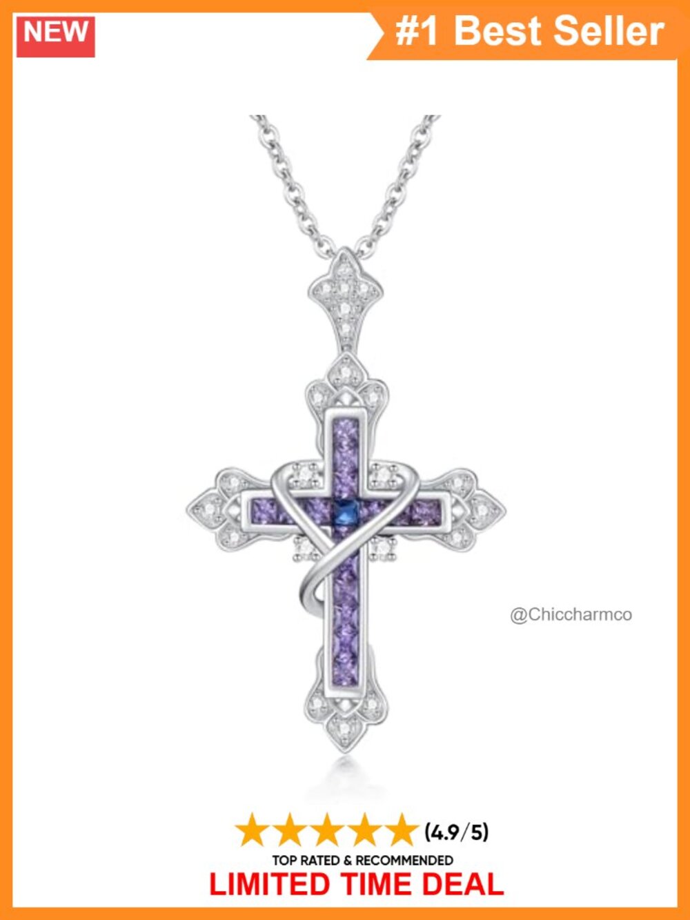 925 Sterling Silver Cross Necklace with Purple Gemstone Pendant